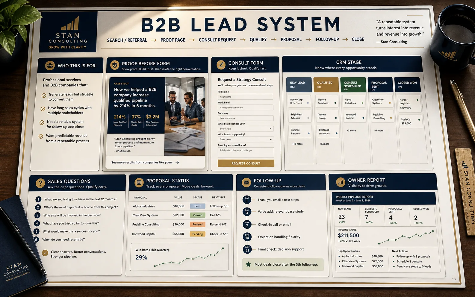 Generated B2B lead system visual showing proof page, consult request, qualification, proposal status, follow-up, and owner reporting
