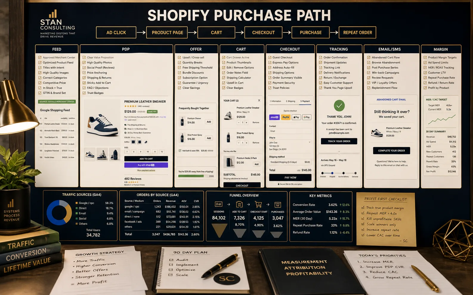 Generated Shopify purchase path visual showing product feed, PDP, cart, checkout, tracking, email and repeat purchase